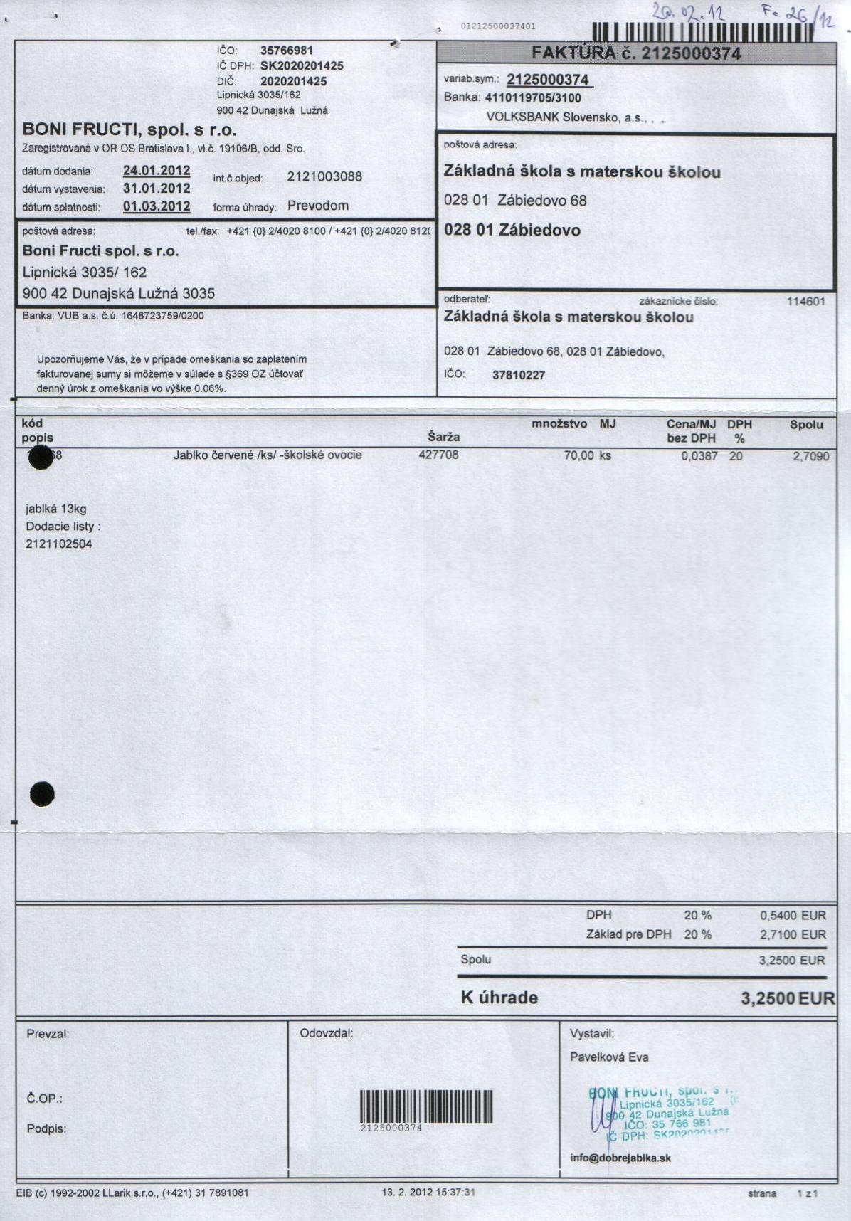 Fa č.26 školské ovocie