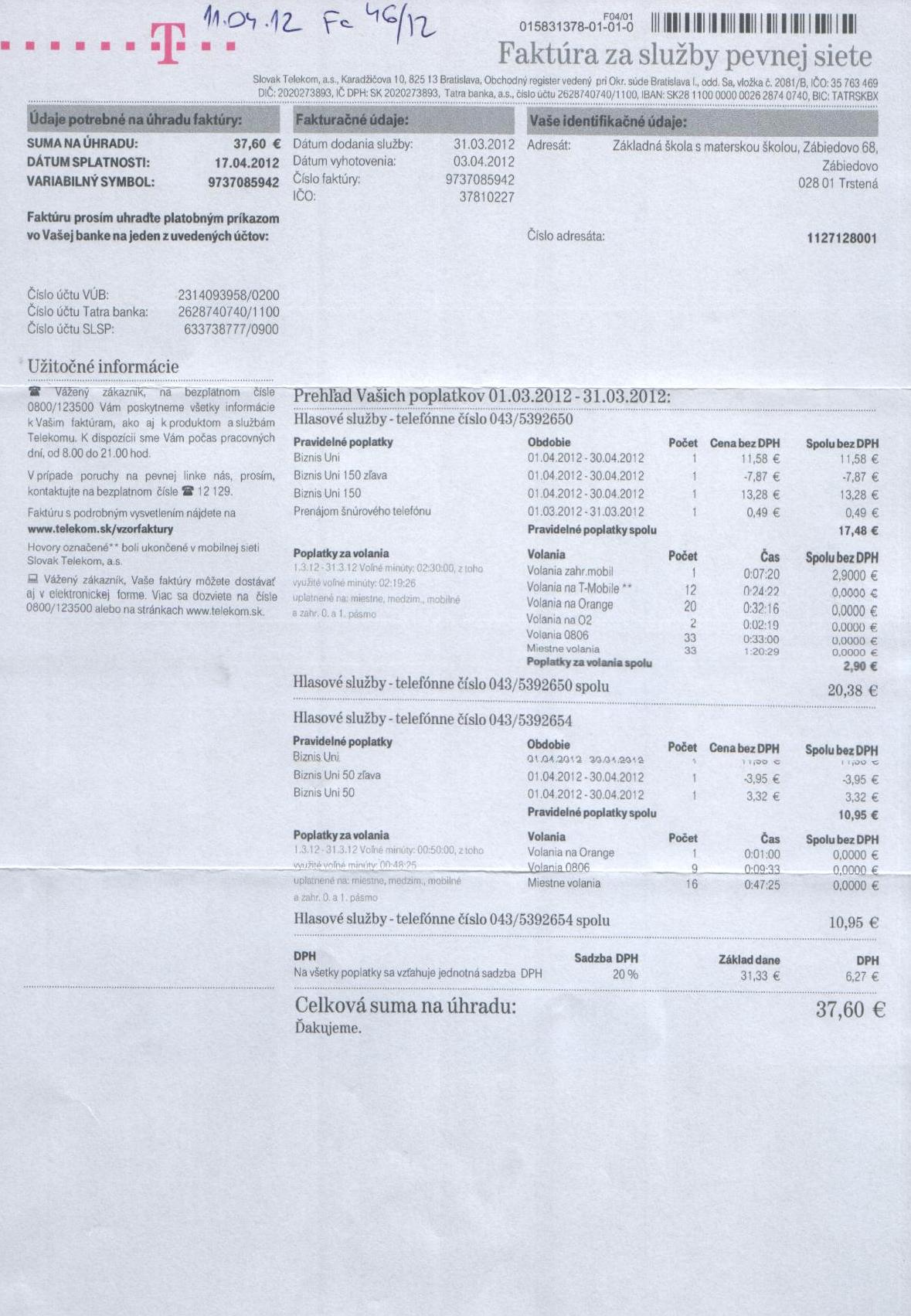 Fa č.46 telefón