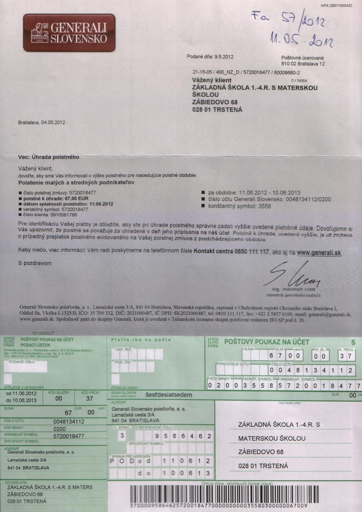 Fa č.57 poistenie majetku MŠ