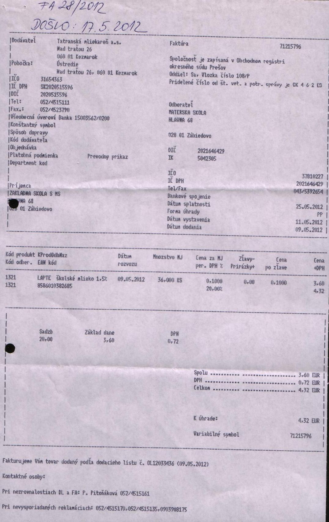 J-Fa č. 28a-školské mlieko