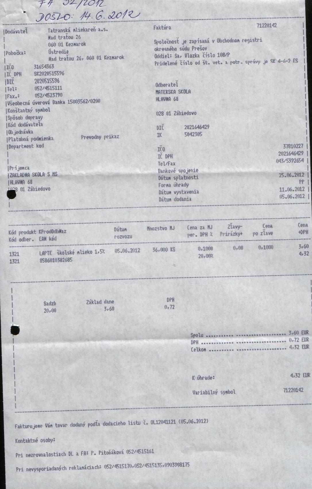 J-Fa č. 32a-školské mlieko