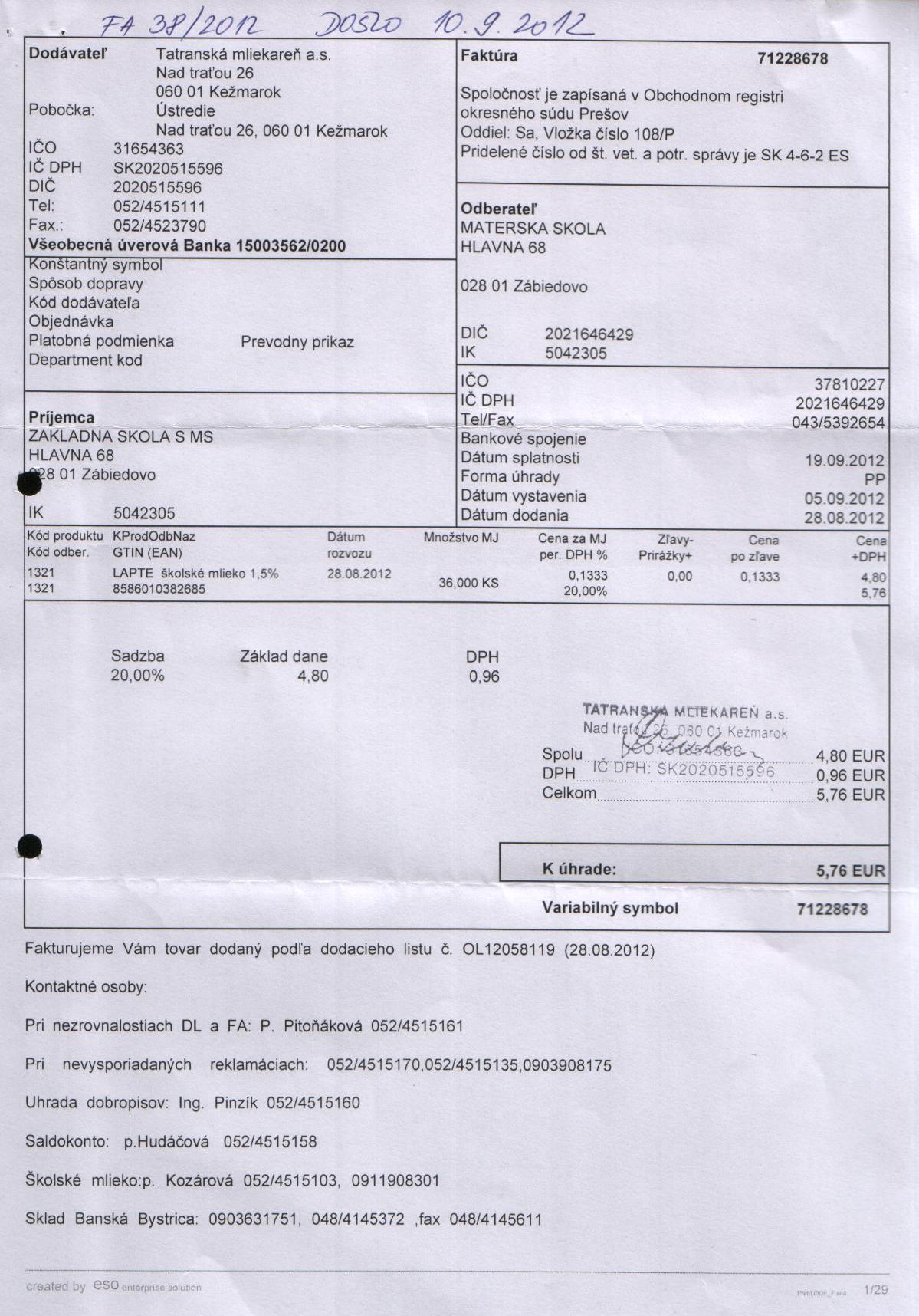 J-Fa č. 38a - šk.mlieko