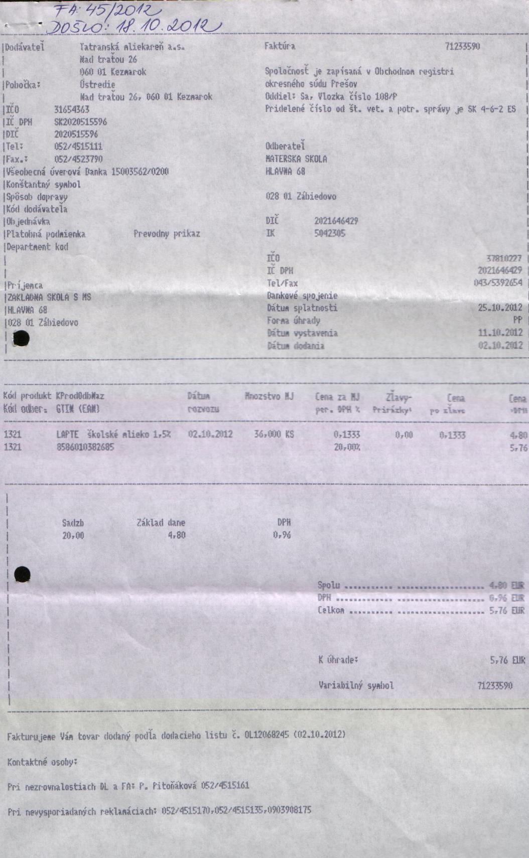 J-Fa č. 45a - školské mlieko