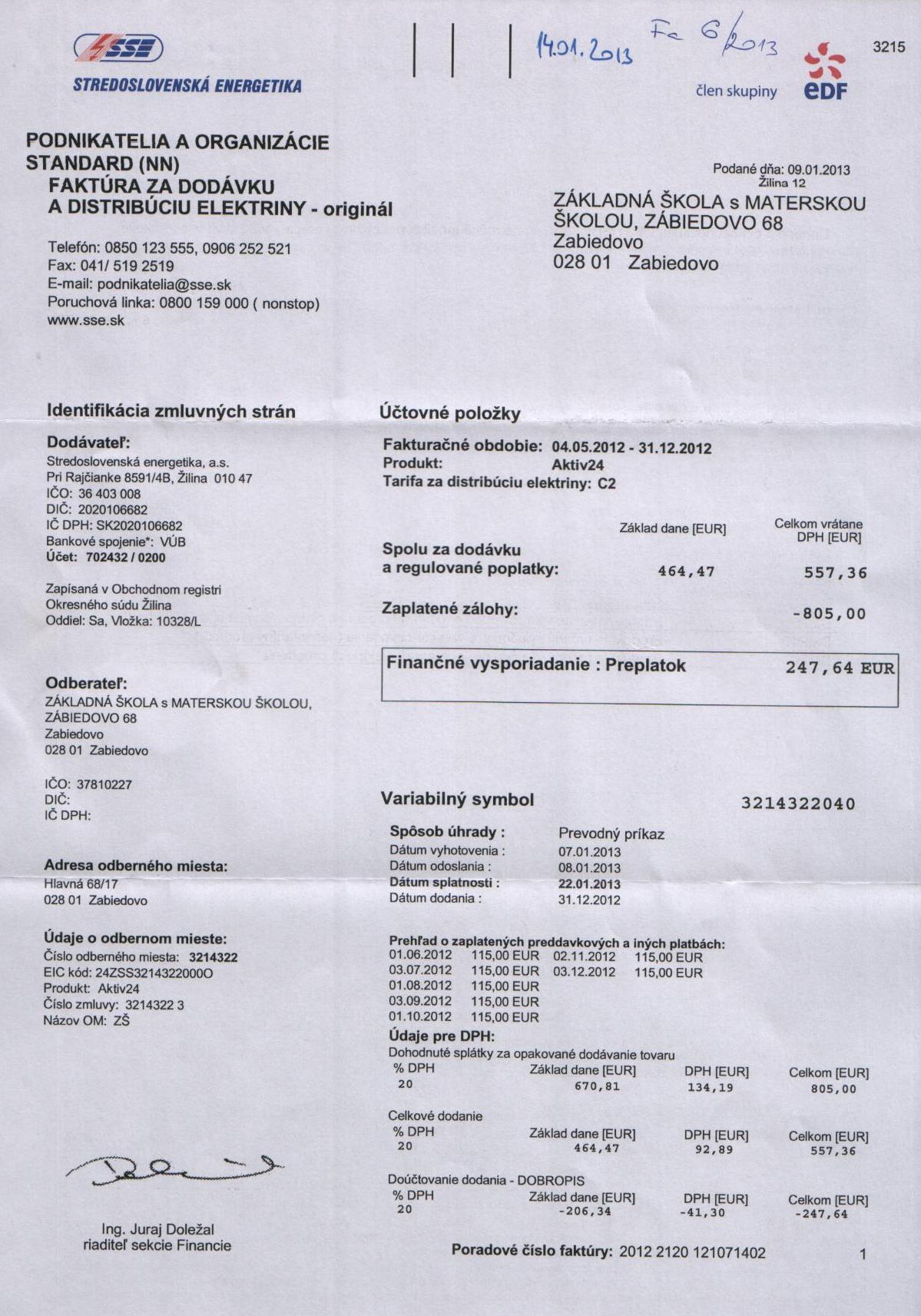 Fa 6A-13 elekt.energia ZŠ vyúčtovanie