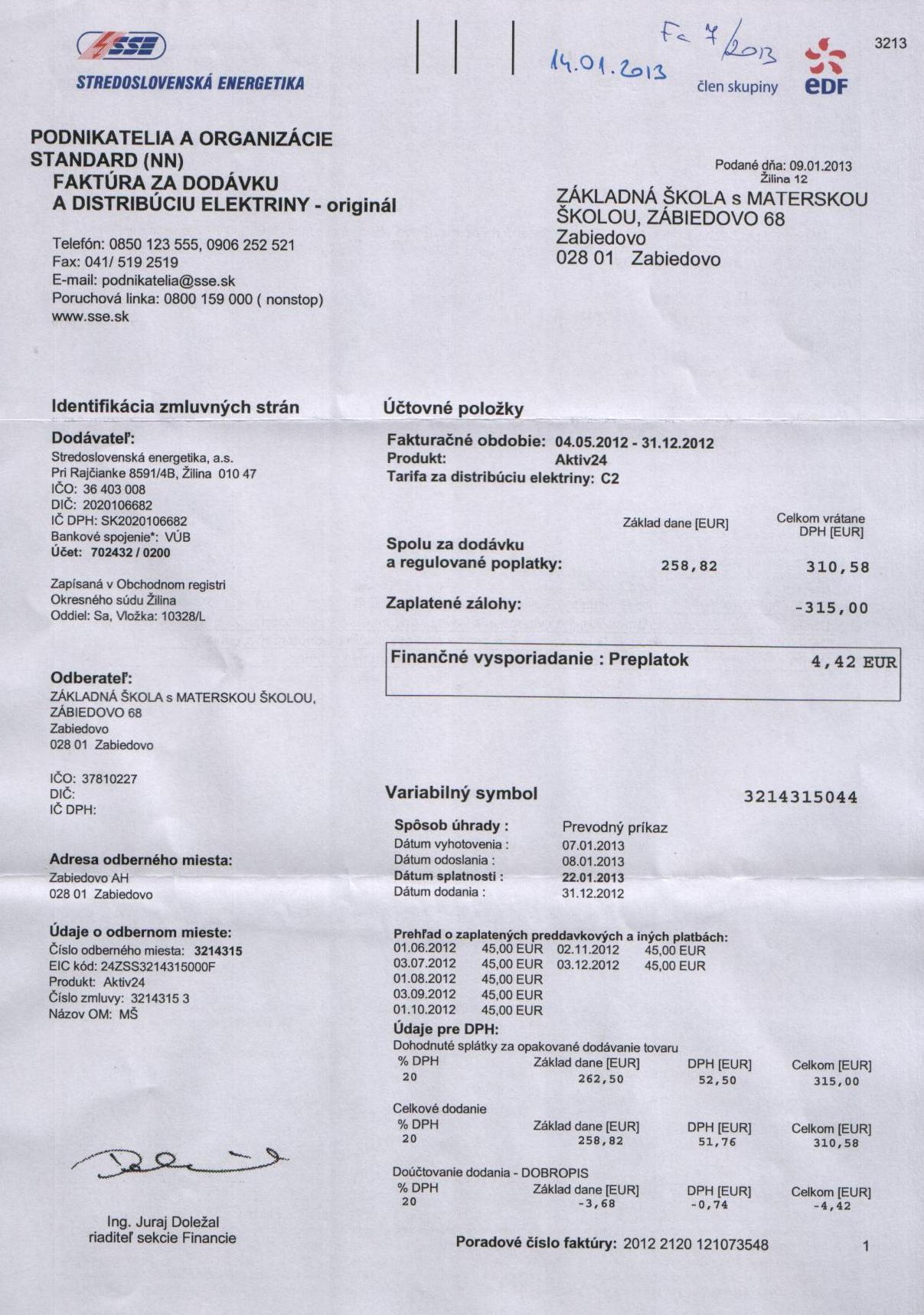 Fa 7A-13 elekt.energia MŠ vyúčtovanie