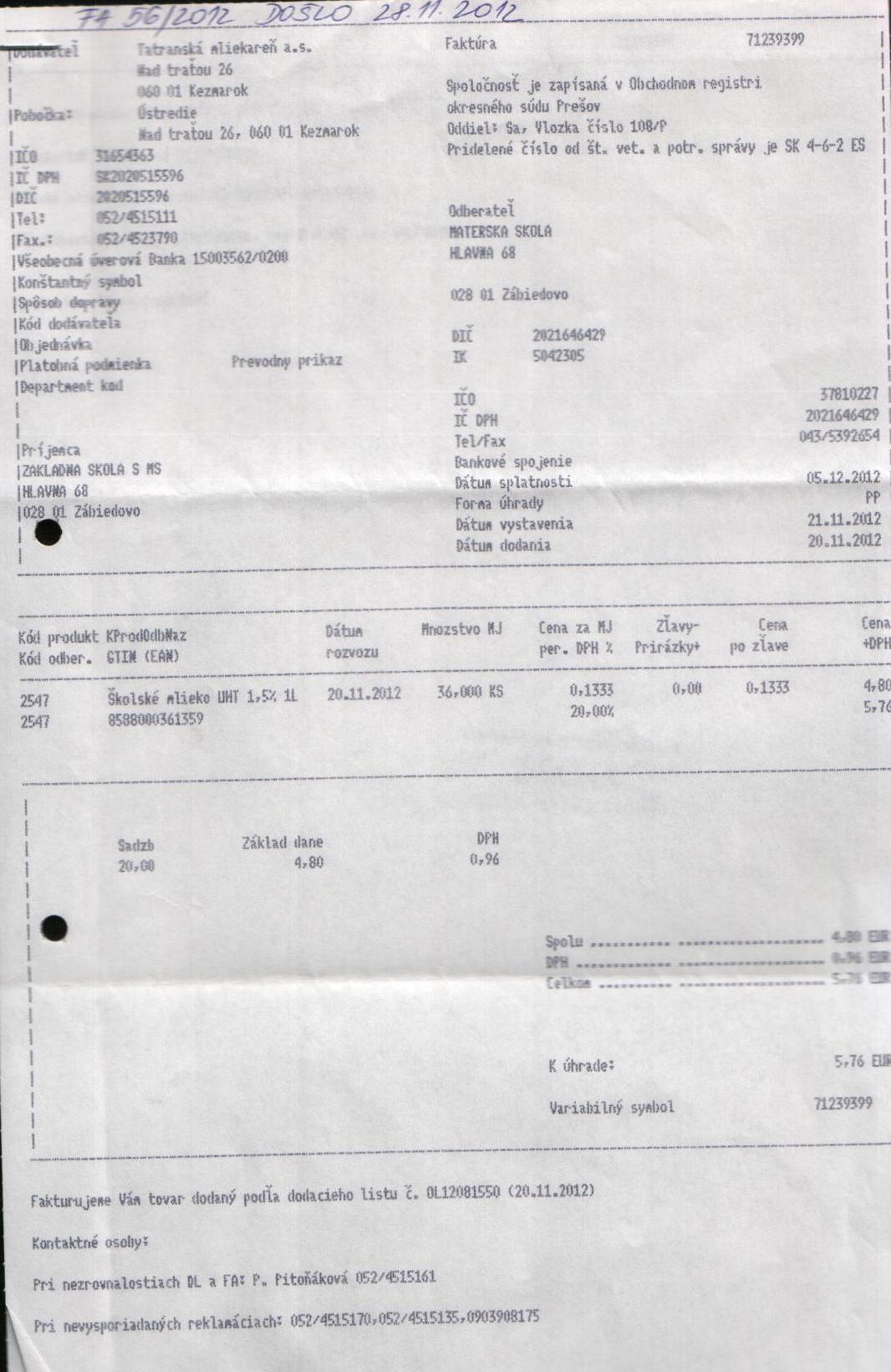 J-Fa č. 56- školské mlieko