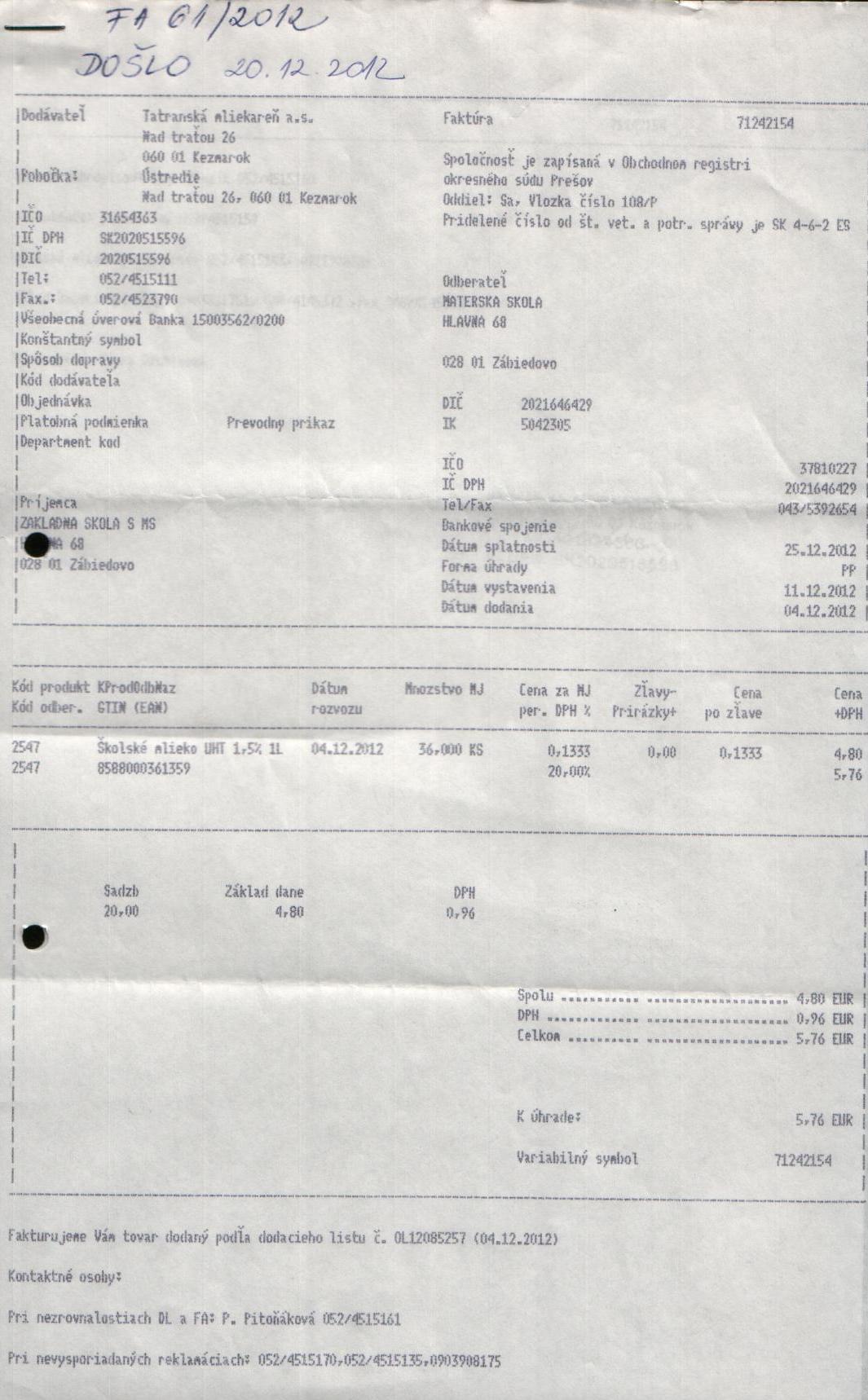 J-Fa č. 61- školské mlieko