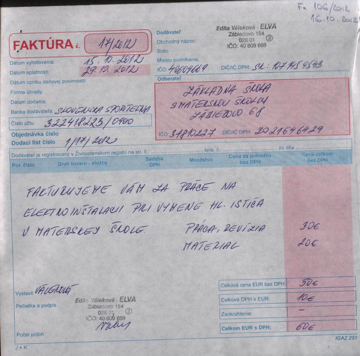 Fa č.106 - revízia elektoinštalácie