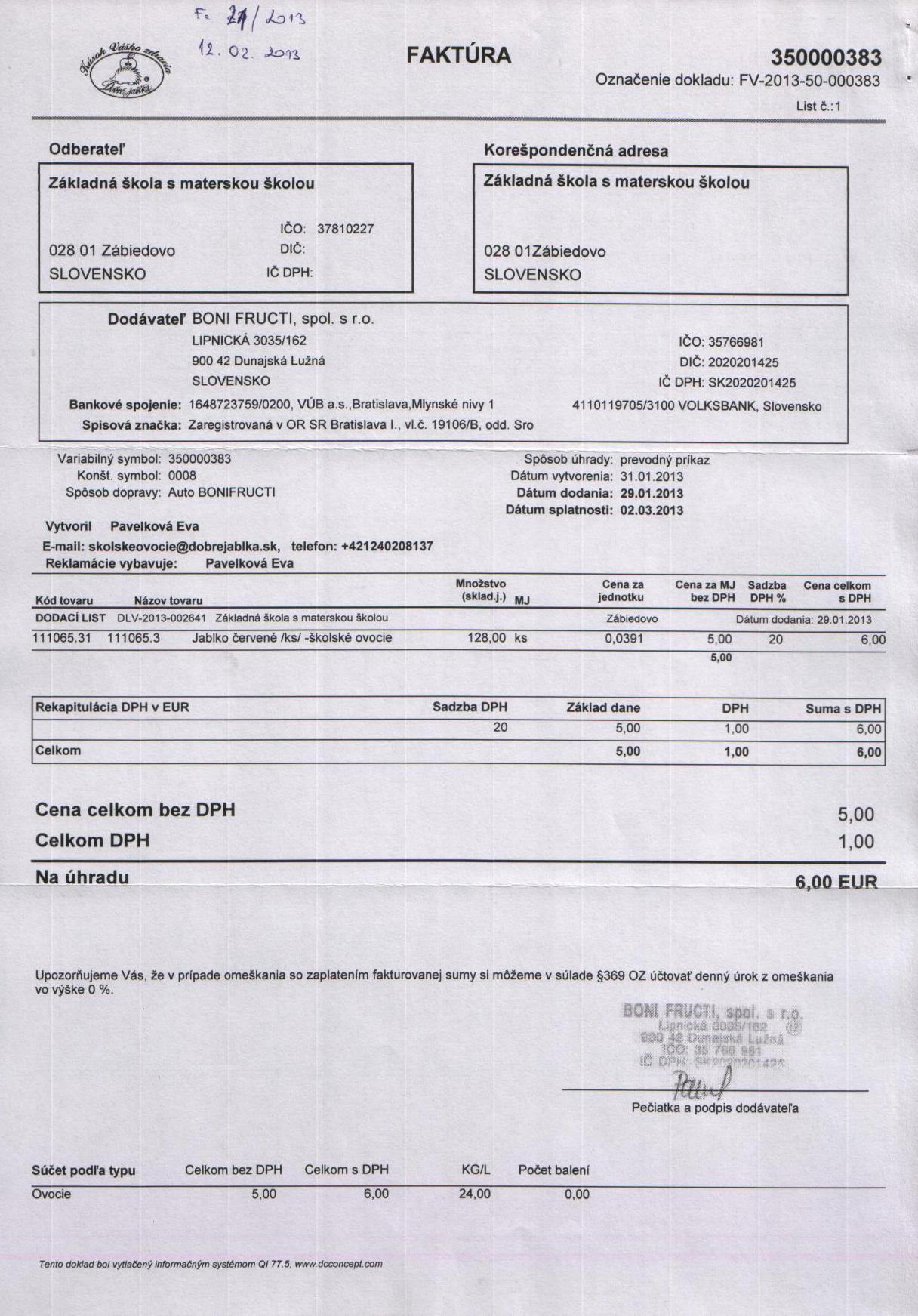 Fa č. 21 - školské ovocie
