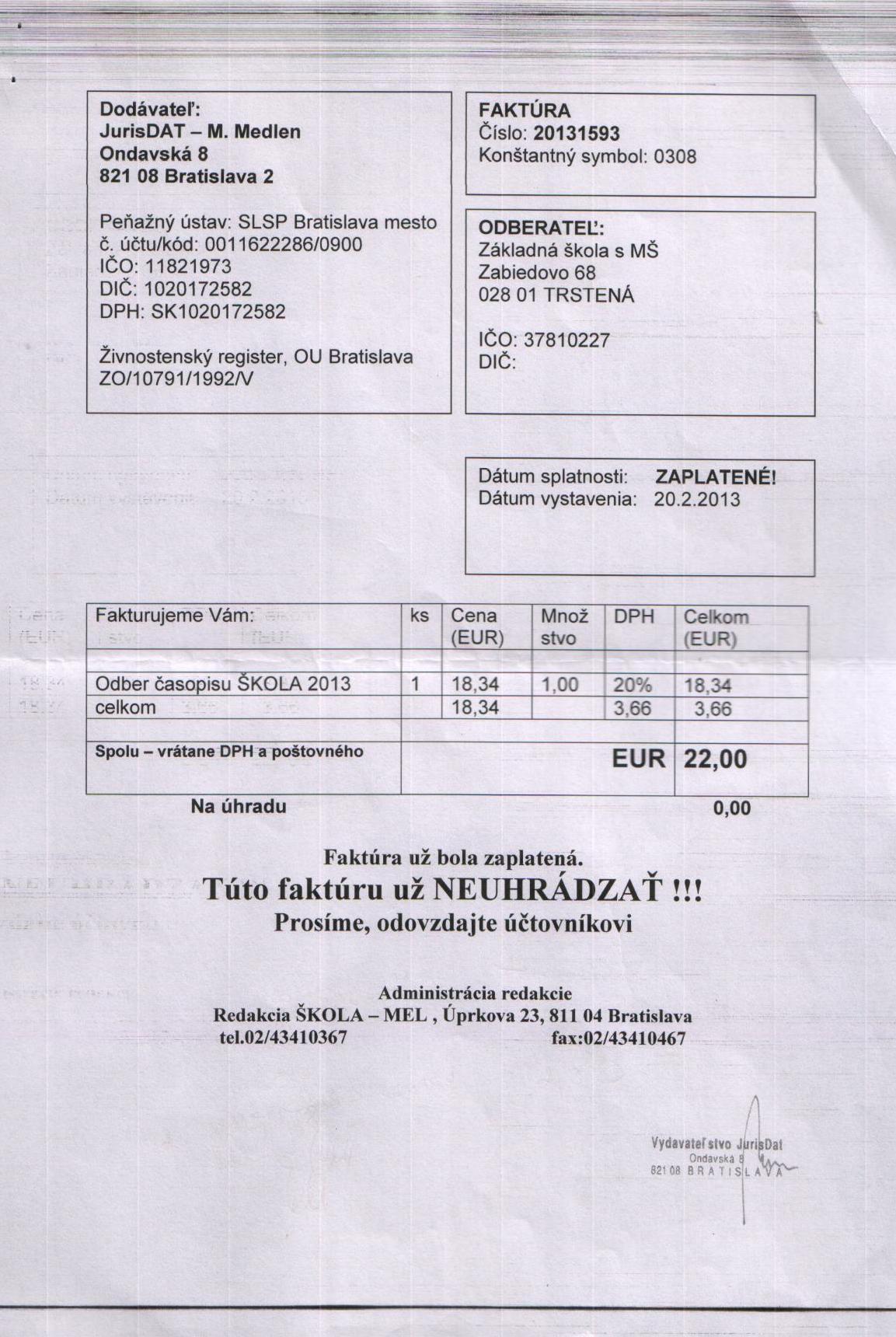 Fa č. 23 -B predplatné časopisu