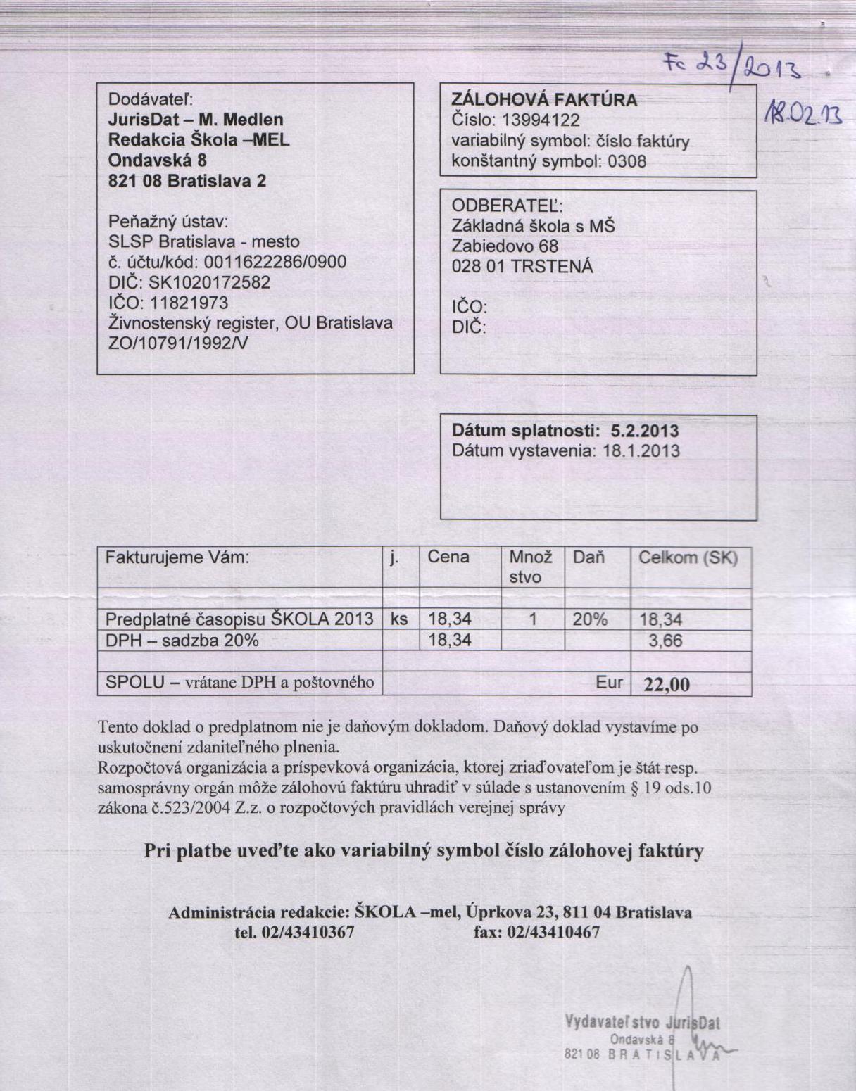 Fa č. 23 -A predplatné časopisu
