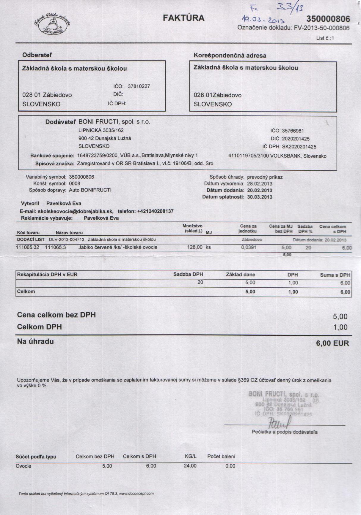 Fa č. 33 - školské ovocie
