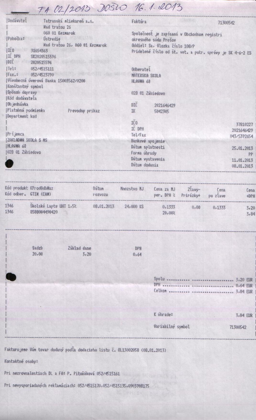 J-Fa č. 2-A školské mlieko