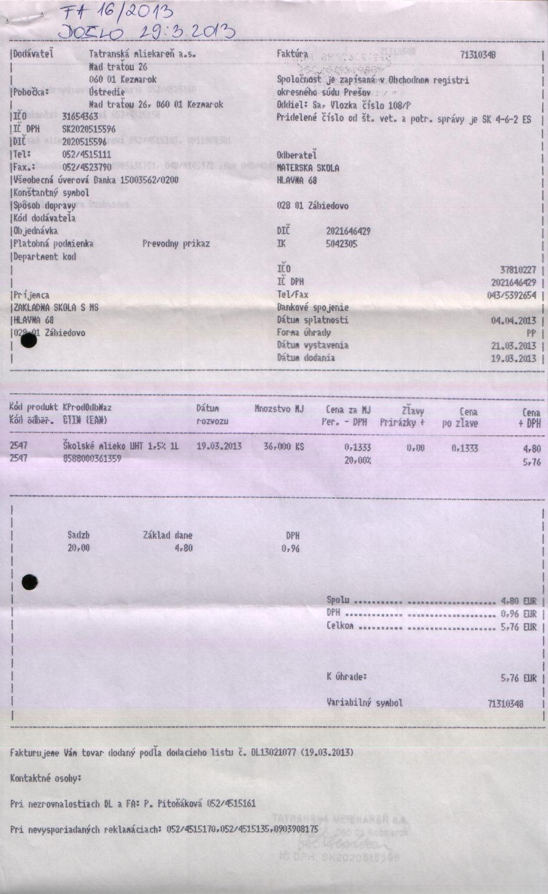 J-Fa č.16-A školské mlieko
