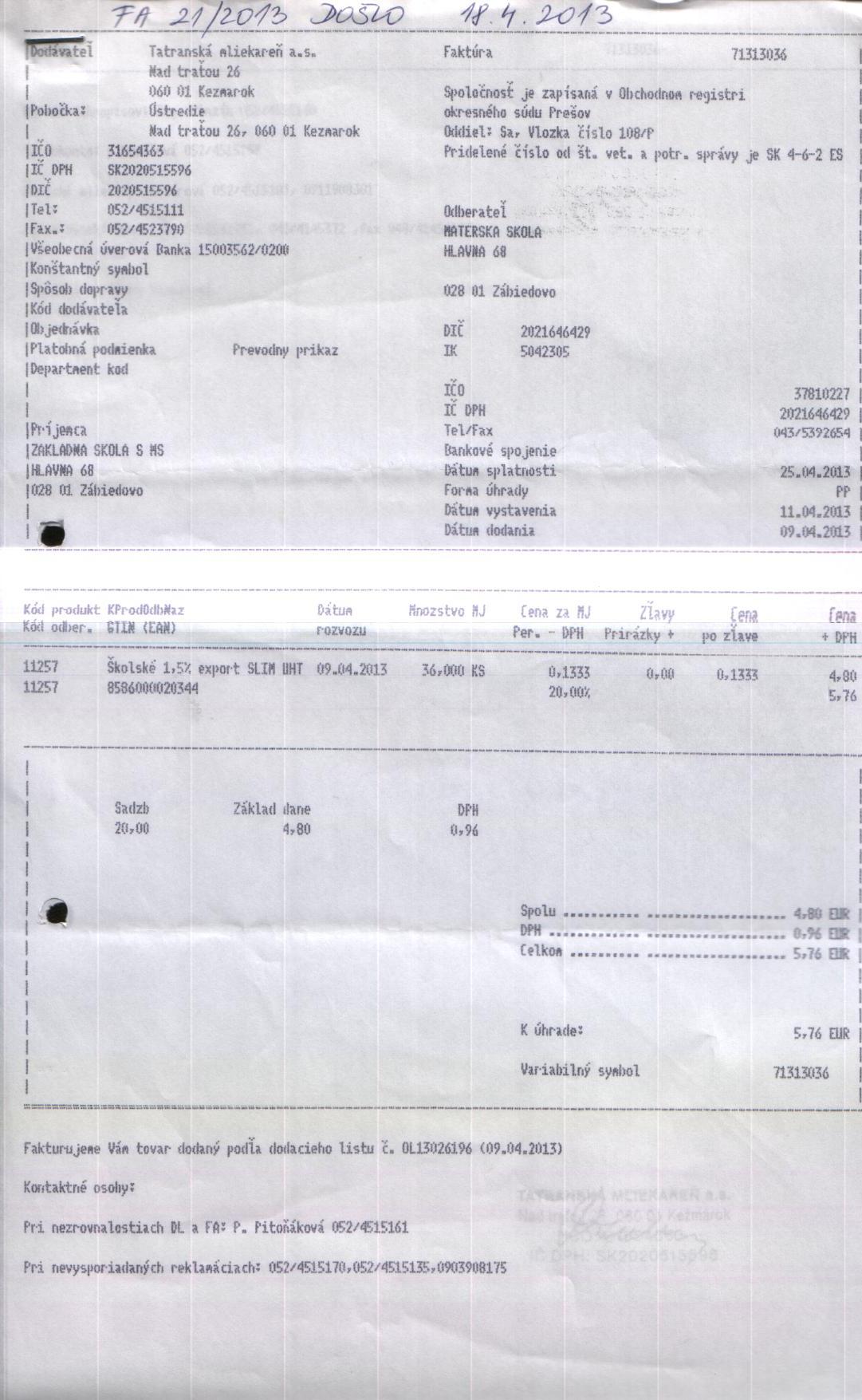 J-Fa č.21 Školské mlieko