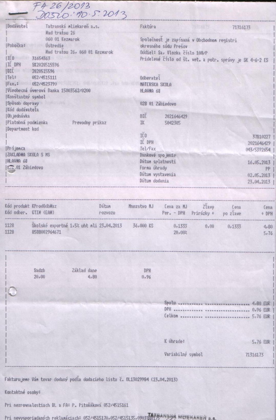 J-Fa č.26 Školské mlieko