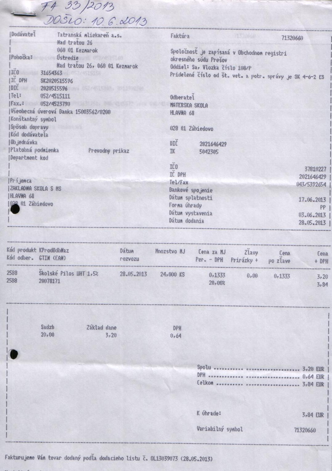 J-Fa č.33 Školské mlieko